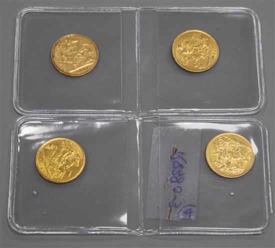 Four Edward VII and George V gold half sovereigns, 1903, F, 1911,F, 1914 x2, both VF, (all London mint).
